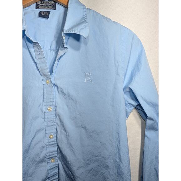 Ralph Lauren Womens Blue Button Up L Embroidered Logo Cotton Minimalist Staple - Picture 2 of 5